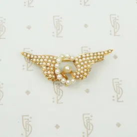 Gold Pearl Set Winged Wheel Brooch