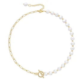 14K Gold-Plated Chunky Chain Necklace with Half Pearl, Half Paperclip Links