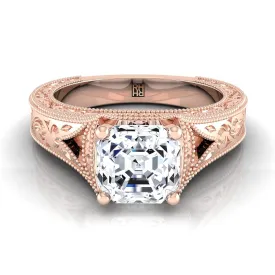 14K Rose Gold Asscher Cut  Hand Engraved and Milgrain Vintage Solitaire Engagement Ring