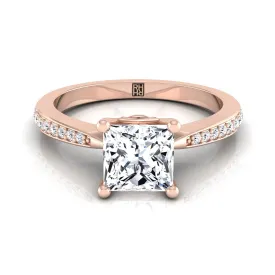 14K Rose Gold Princess Cut Diamond Tapered Pave Engagement Ring -1/8ctw