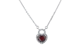 14K White Gold Diamond And Garnet Heart Lock Necklace