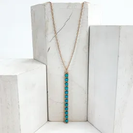 30 Inch Gold Rectangle Pendant Necklace with Turquoise Beads