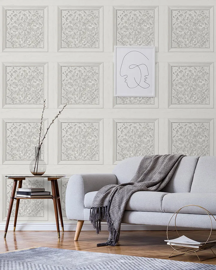 Albie Dove Carved Panel Wallpaper  | Brewster Wallcovering