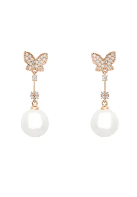 Butterfly Pearl Drop Earrings Rosegold