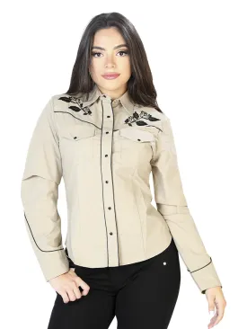 Camisa Vaquera Manga Larga Bordada Floral Caqui para Mujer 'El General' - ID: 42969