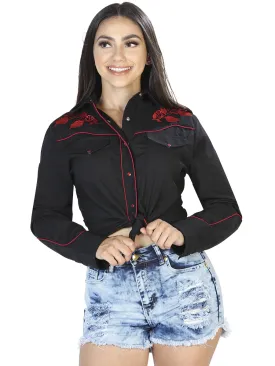 Camisa Vaquera Manga Larga Bordada Floral Negro para Mujer 'El General' - ID: 42967