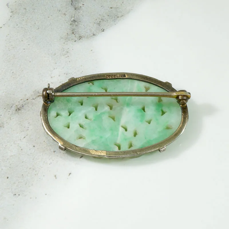 Carved Jade in Silver Floral Brooch