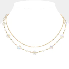 Clear Gold Faceted Quatrefoil Beaded Station Layered Chain Necklace