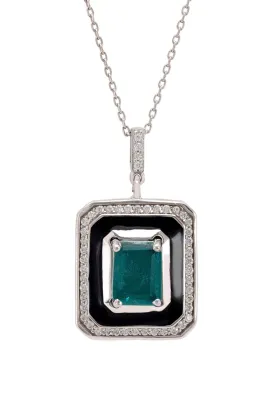 Deco Emerald & Enamel Necklace Silver