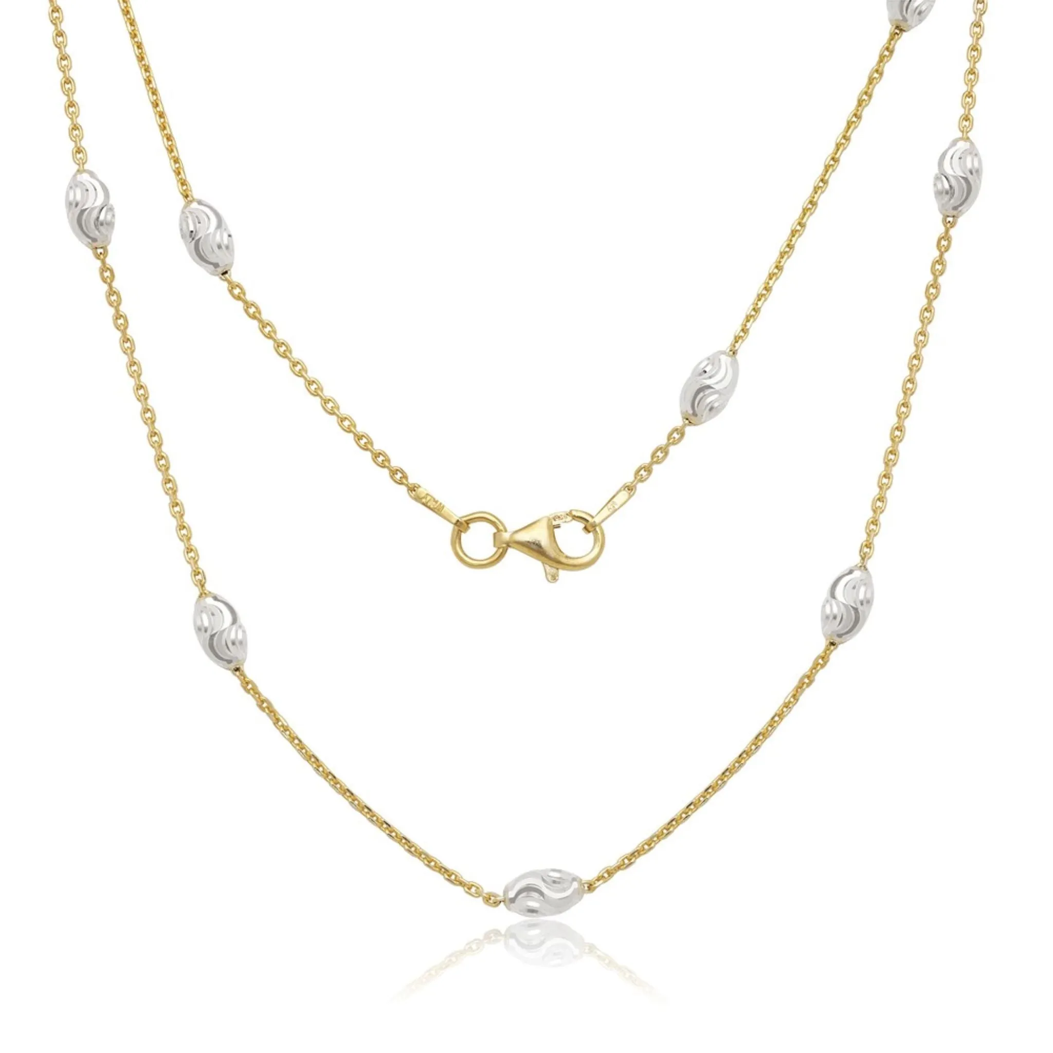 Diamond Cut Oval Moon Bead Necklace - Sterling Silver and Gold Plate