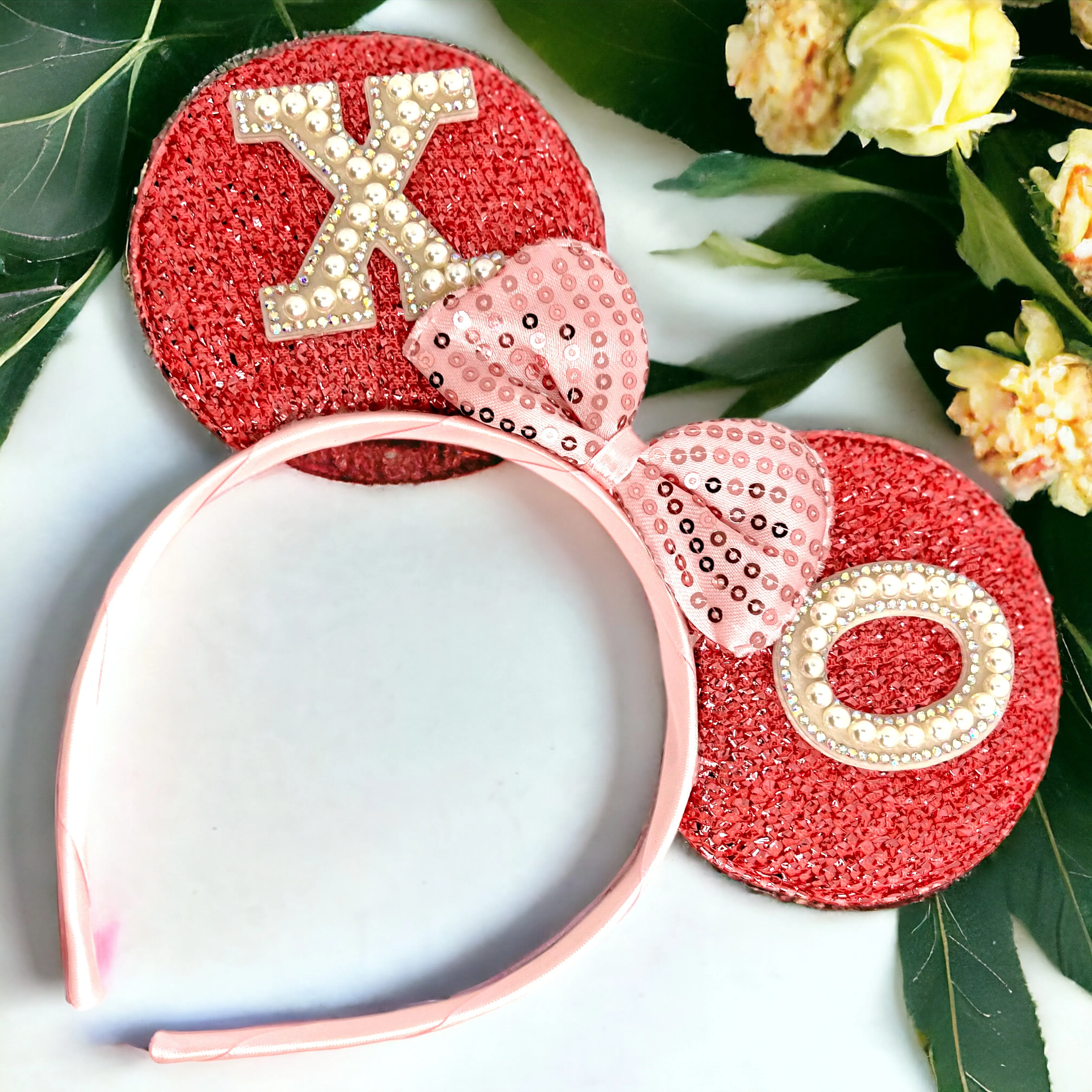 Disney Inspired Mouse Ears Headband w/ Pink Sequin Bow - Valentine’s Day Edition