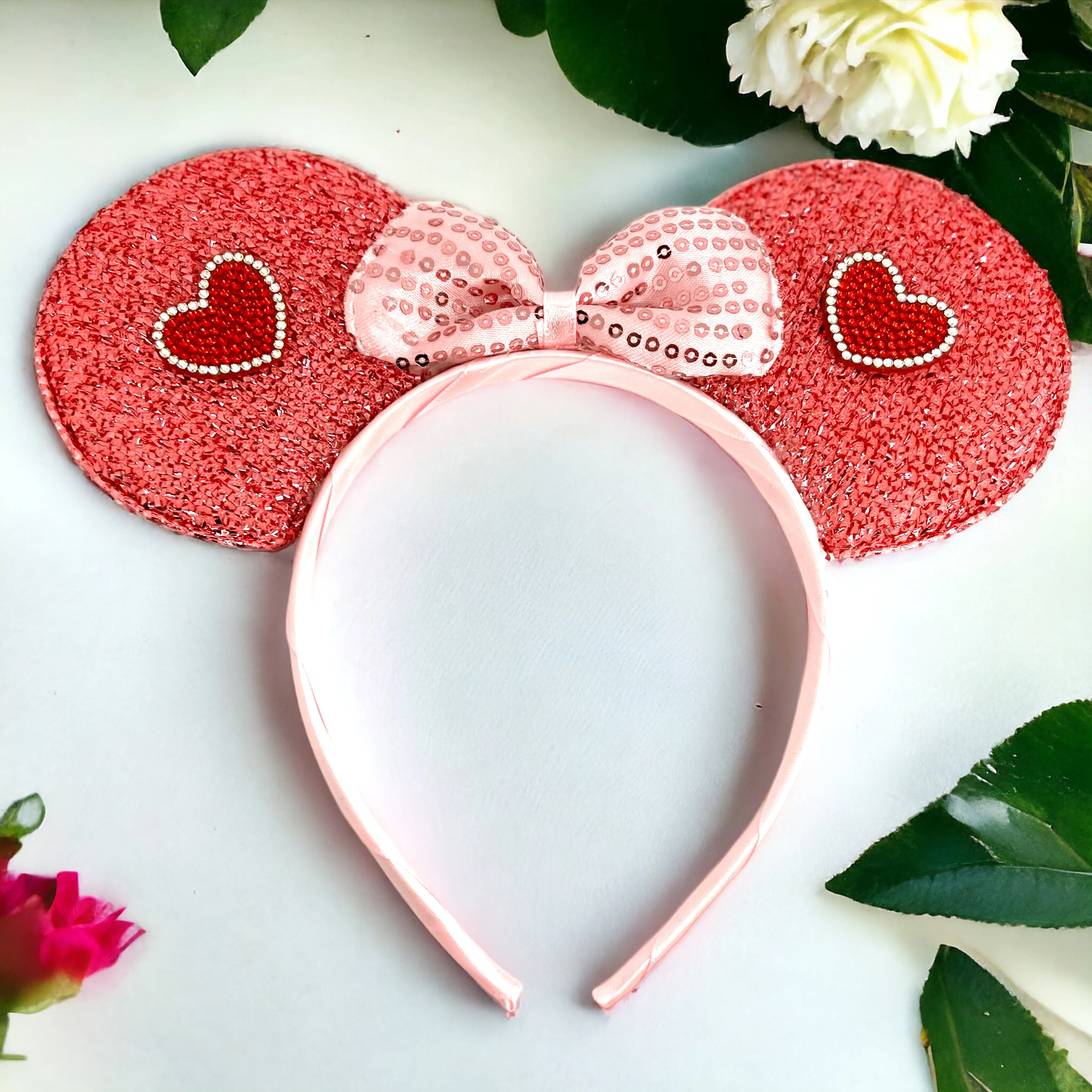 Disney Inspired Mouse Ears Headband w/ Pink Sequin Bow - Valentine’s Day Edition