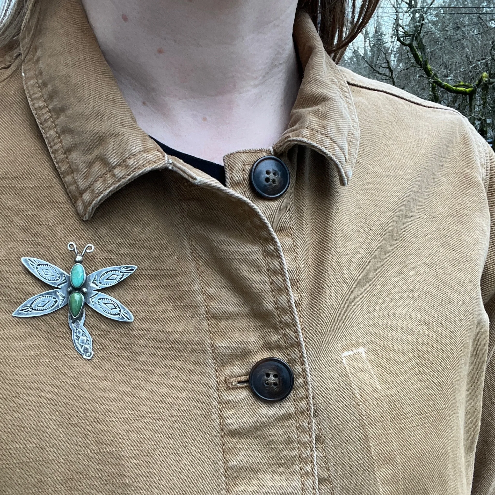 Dragonfly Brooch with Turquoise & Rocker Designs