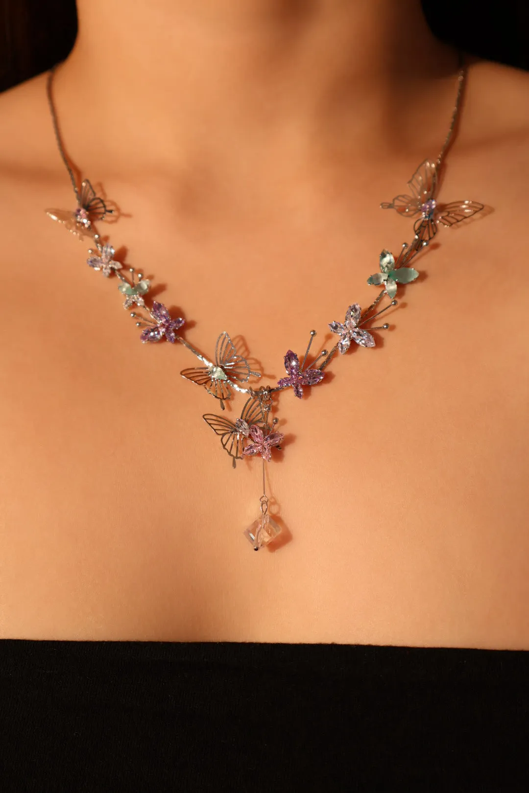 Multi Color Gem Butterfly Necklace