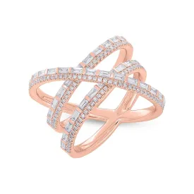 ROSE GOLD BRIDGE RING WITH ROUND AND BAGUETTE CUT DIAMONDS